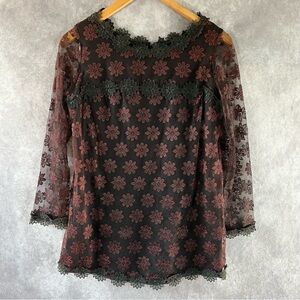 Vintage 1960s Blouse Womens XS Mod Lace Floral Sheer Ruffled Lace *See Descrip*